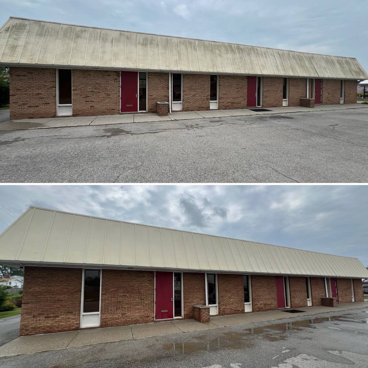 Commercial metal roof before and after cleaning by Elite Softwash in northeast Indiana